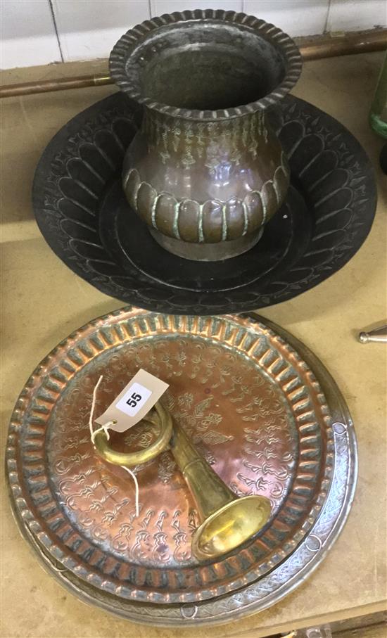 Cairoware tray, hunting horn etc